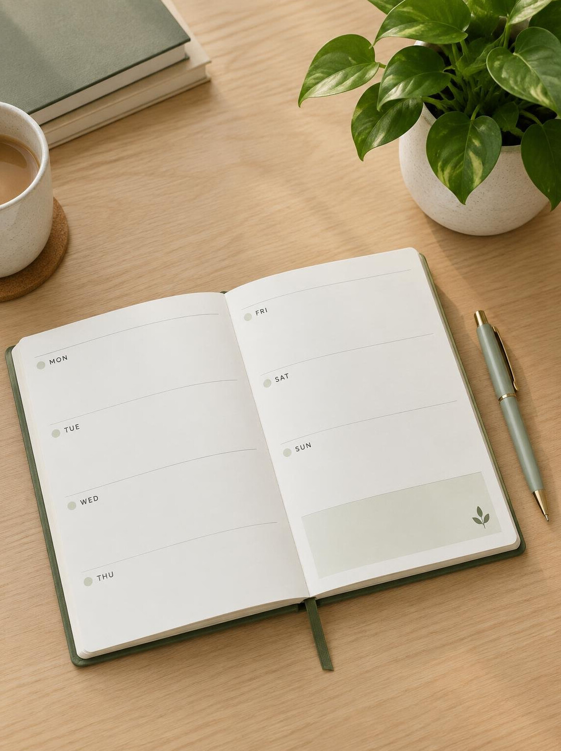 Planner with a pen and a plant