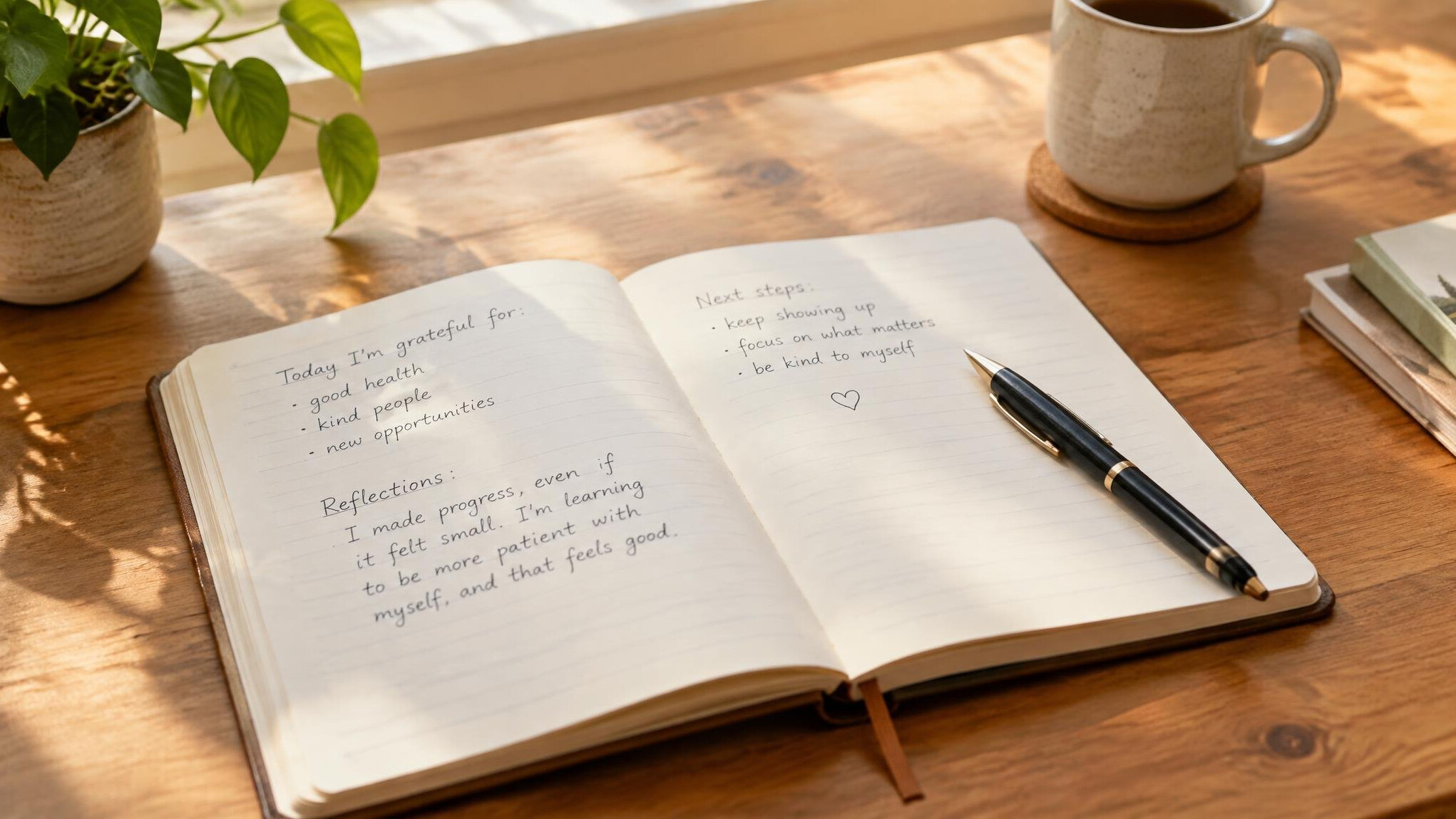 Open notebook with handwritten notes and a pen on a wooden desk