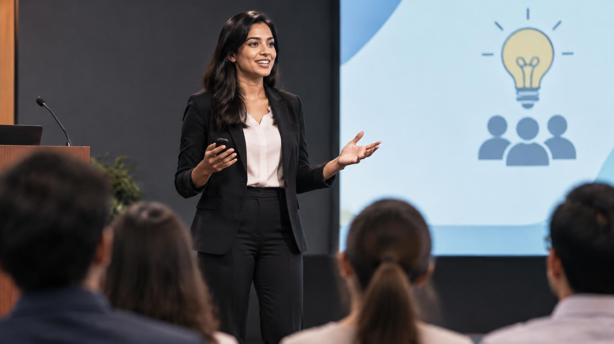 person speaking confidently on stage