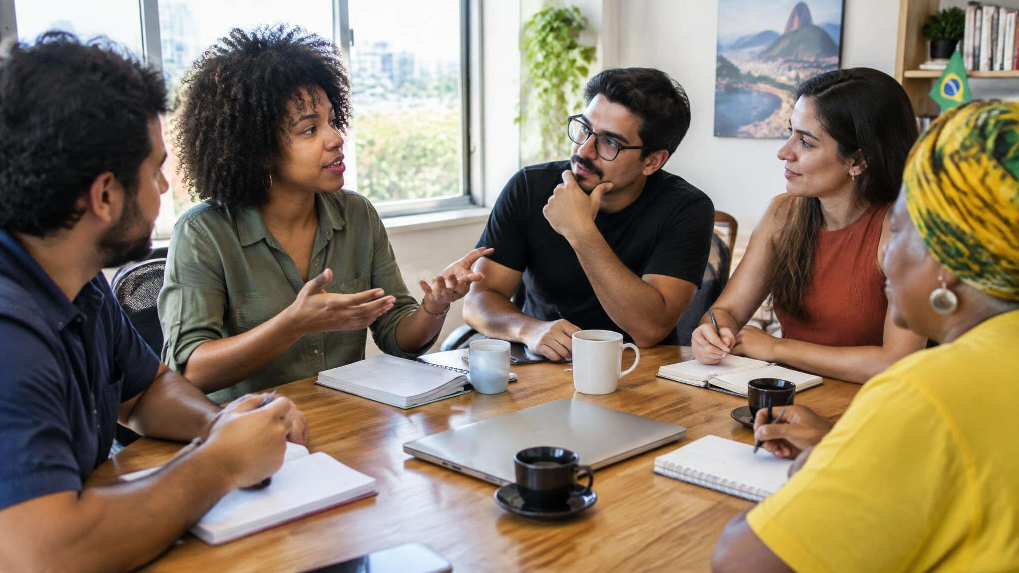 Diverse group of Brazilian adults in a meeting discussing ideas