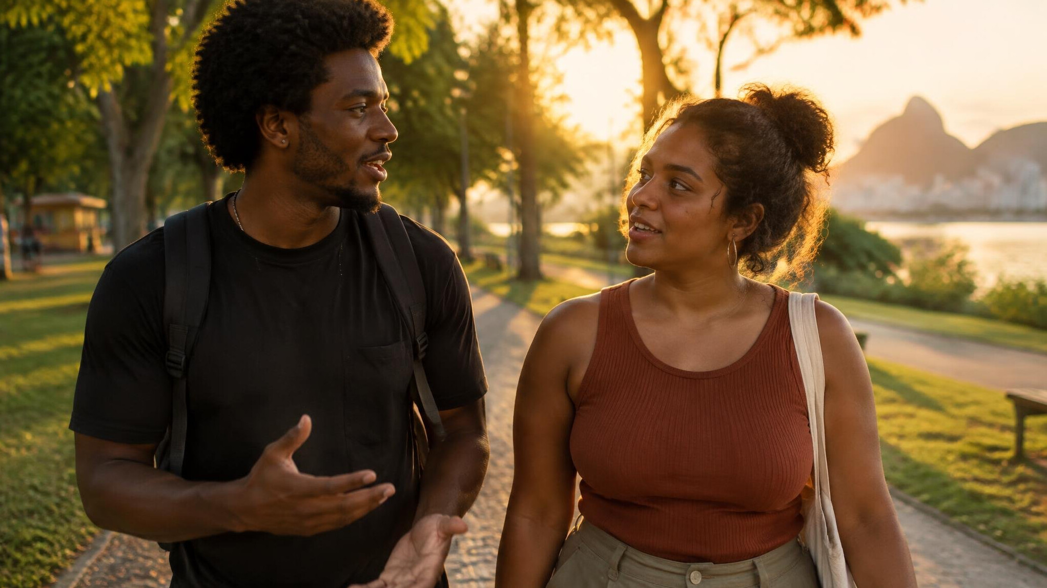 Two Brazilian friends having a sincere conversation outdoors