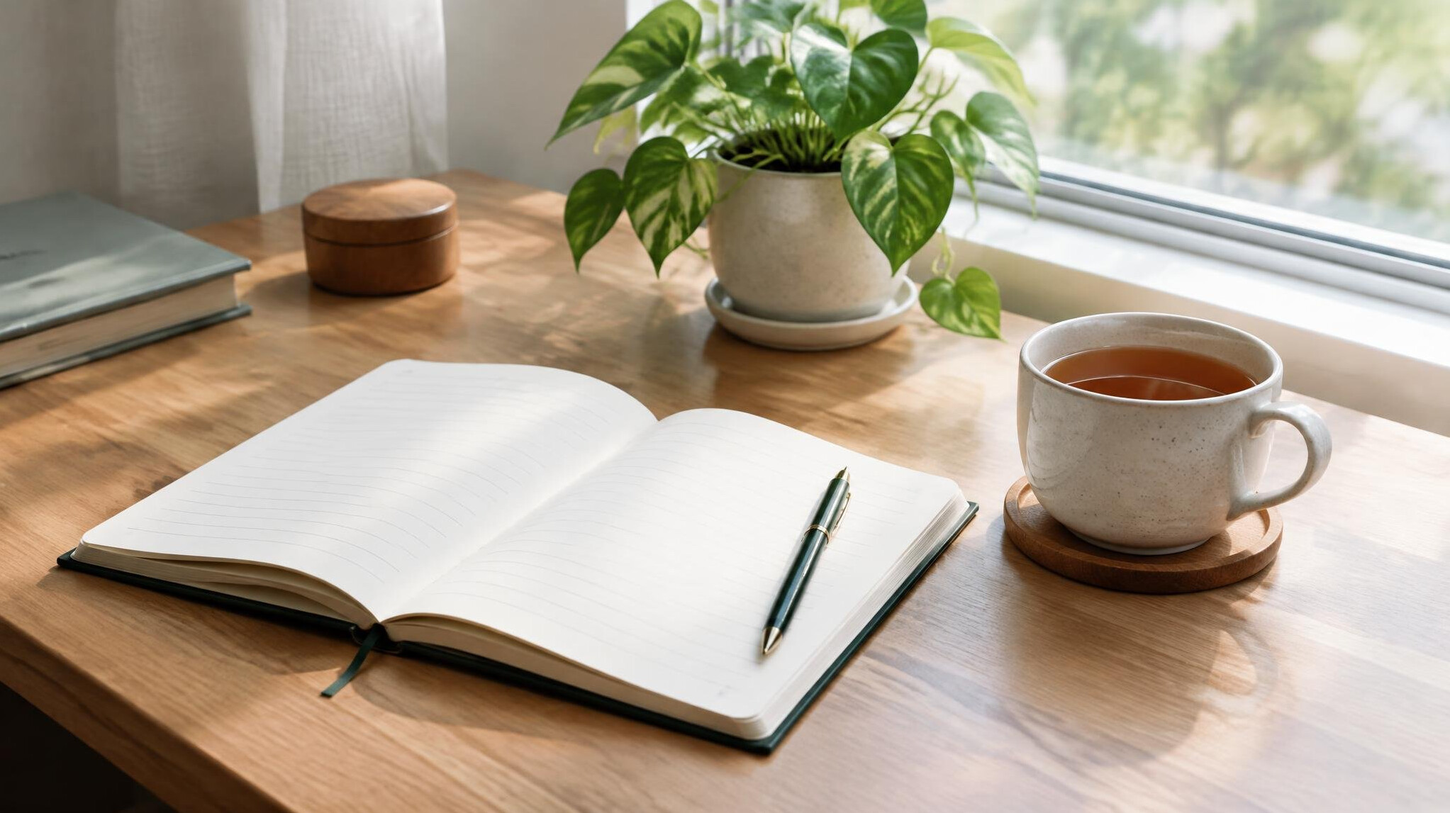 Calm minimal desk with notebook and plant near a window